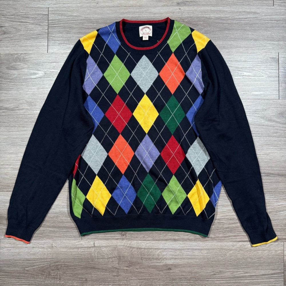 Men’s Brooks Brothers Preppy Cotton Navy Multicolor Argyle Sweater Size L